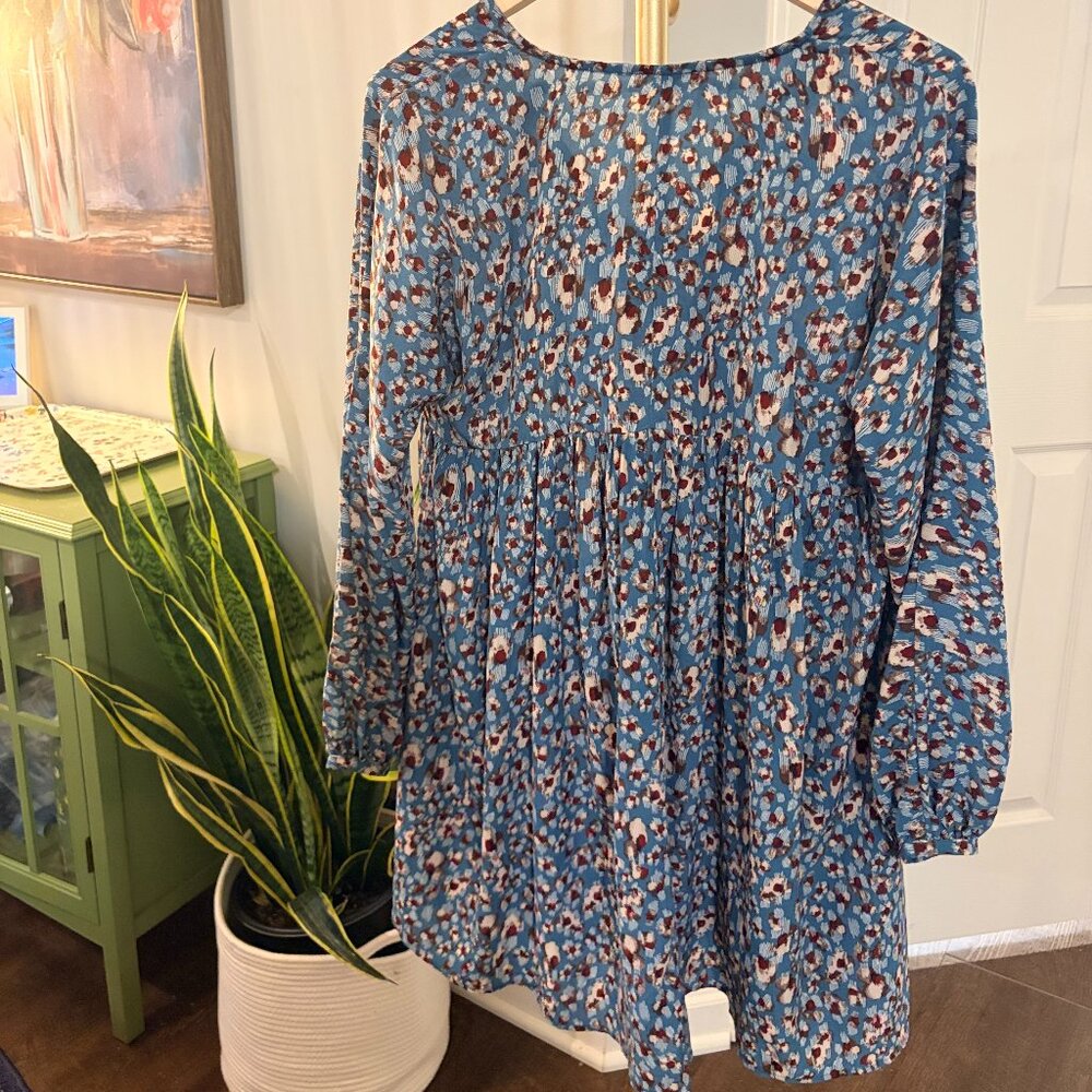 Boho Mini Peasant Baby Doll Dress Tunic Blue Mixed Print Size Small - Picture 6 of 8